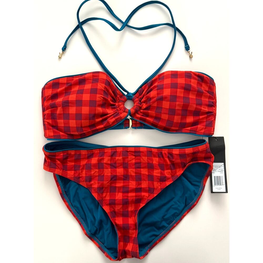 NWT Marc by Marc Jacobs Red Gingham Bikini Set L Teal Trim Ruched Bandeau